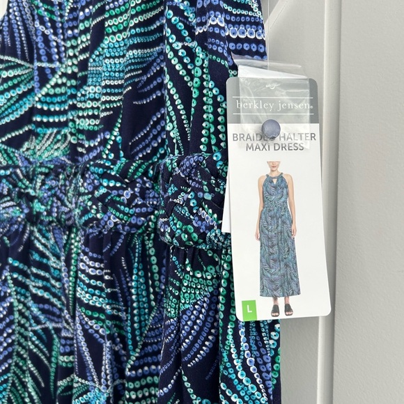 Berkley Jensen Braided Blue Palm Print Halter Maxi Dress Sz Large - Picture 5 of 6